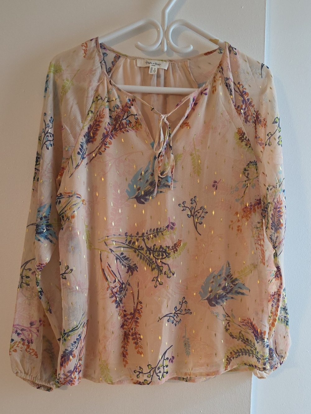 Haver & Blair Peach Pink Floral Long Sleeve Tie Front Blouse,Small.     V-BL